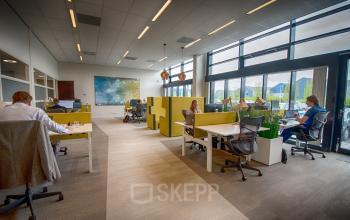 Zakelijke kantoorruimte op Leidse Schouw 2 in Alphen aan den Rijn met werkplekken, moderne meubels en grote ramen voor veel daglicht. Mensen zijn aan het werk, ontworpen voor professionele huur.