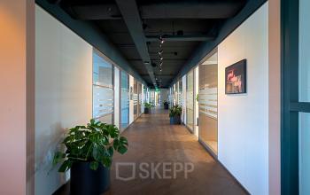 Lichte kantoorruimte huren met lange gang, moderne glazen wanden, groene planten en kunstwerken aan de muur op Ruimtevaart 24 in Amersfoort Calveen.