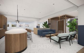 Moderne kantoorruimte huren aan Professor E.M. Meijerslaan 1, Amstelveen. Ruim interieur met stijlvolle zithoek, houten tafels en grote ramen voor veel natuurlijk licht.