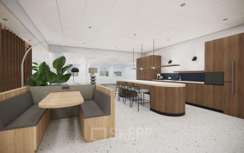 Moderne kantoorruimte huren aan de Professor E.M. Meijerslaan 1, Amstelveen, met stijlvolle zithoek, open keuken en verfijnde houten afwerking. Ideaal voor meetings en samenwerken in een eigentijdse en inspirerende omgeving.