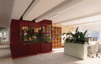 Binnenkantoor op Stroombaan 4, Amstelveen met moderne planten en bureaus, een ideale plek voor kantoorruimte huren.