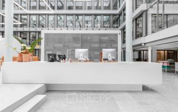 Modern kantoorpand Mr. Treublaan 7, Amsterdam Amstel, met een ruime receptiebalie en strakke architectuur.