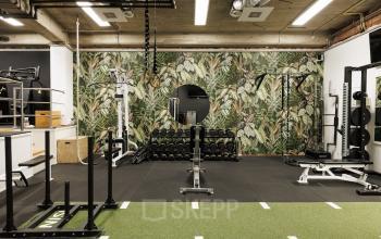 Fitnessruimte in een kantoorpand op Herengracht 471, Amsterdam Centrum, met sportapparatuur en groene wanddecoratie.