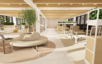 Lichte, moderne kantoorruimte aan de Pieter Cornelisz. Hooftstraat 7 in Amsterdam Centrum, met gemeubileerde werkplekken en groene elementen.