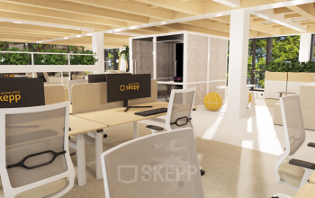 Moderne kantoorruimte in Amsterdam Centrum op Pieter Cornelisz. Hooftstraat 7, voorzien van bureaus en stoelen met uitzicht op groen. Ideaal voor wie kantoorruimte wil huren. Heldere werkplekken met computerschermen.