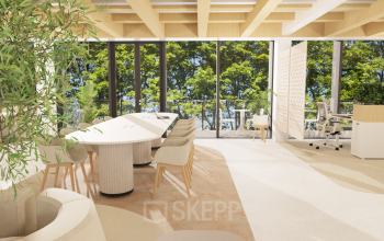 Moderne en lichte kantoorruimte met grote ramen, veel groen en houten accenten, ideaal voor wie op zoek is naar kantoorruimte huren in een inspirerend kantoorpand.