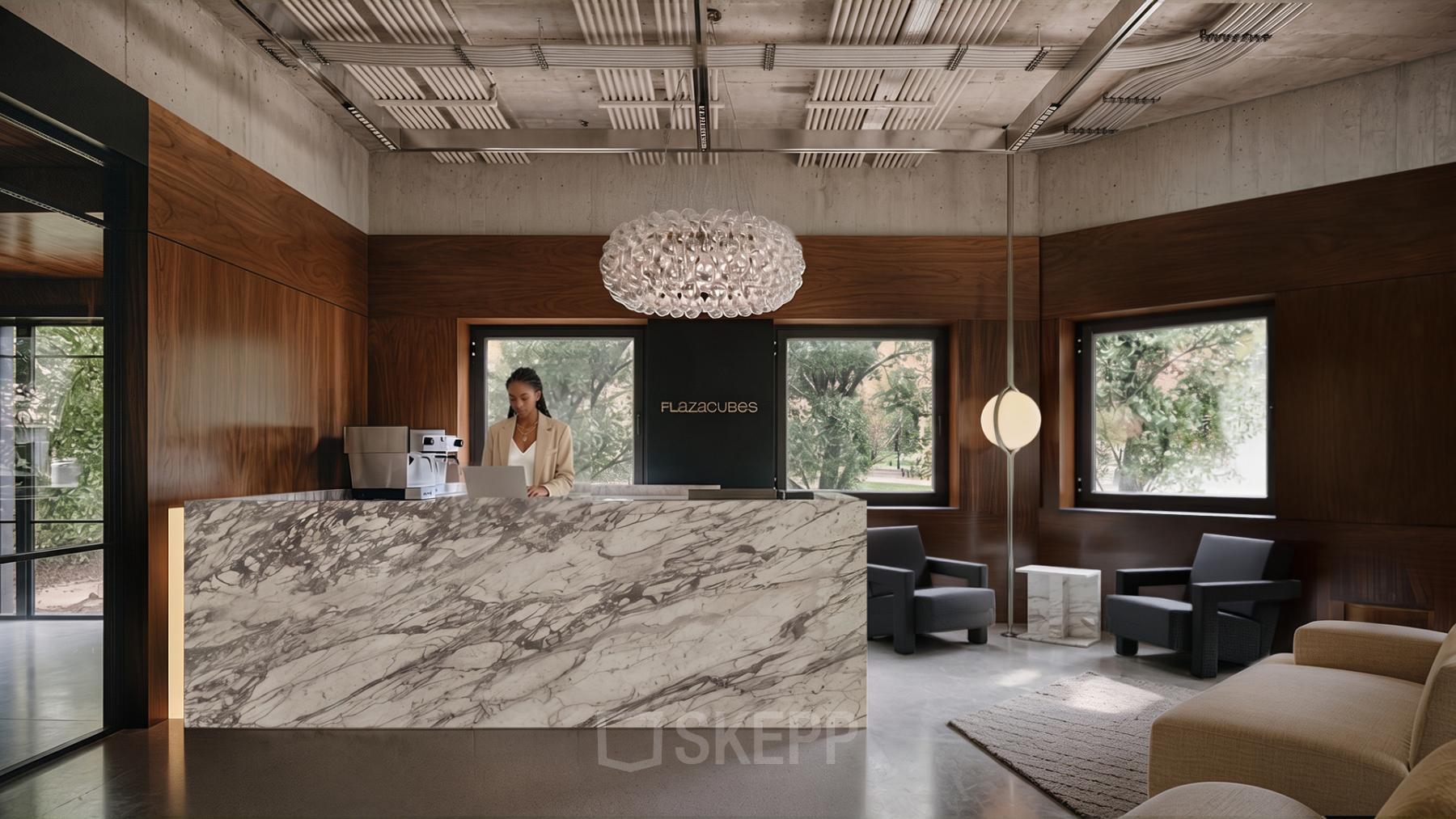 Moderne receptieruimte in kantoorpand op Weteringschans 126, Amsterdam Centrum, met design interieur en marmeren balie. Persoon bezig achter laptop bij de receptie.