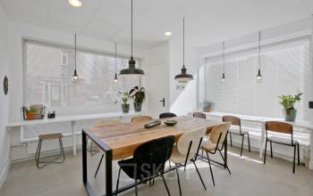 Lichte vergaderruimte met groot houten tafelblad en stoelen, geschikt voor kantoor in Amsterdam De Pijp. Planten naast hoge ramen geven frisse uitstraling. Uitstekend voor zakelijke bijeenkomsten.