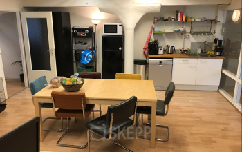 Een gezellige plek met een pantry en lunchtafel