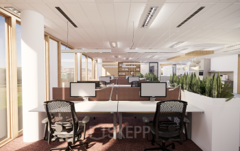 Modern kantoorpand op Pedro de Medinalaan 1-9, Amsterdam IJburg met ruime werkplekken en grote ramen. Ideaal voor kantoorruimte huren.