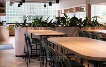 Modern ingerichte kantoorruimte in kantoorpand aan de Overschiestraat 65 in Amsterdam Nieuw-West met stijlvolle werkplekken en veel groen.