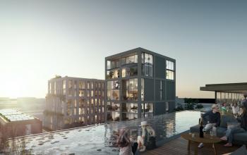 Moderne kantoorpanden in Amsterdam Noord met een ruim dakterras en uitzicht over de stad, mensen genieten van de buitenlucht naast het water.