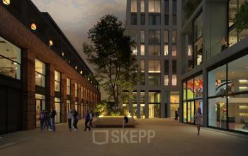 Kantoorpand op Papaverhof 58 in Amsterdam Noord met moderne architectuur. Mensen voeren zakelijke activiteiten uit in een levendige buitenomgeving bij een kantoorruimte te huur.