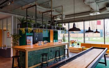 Moderne kantoorruimte in Amsterdam Oost met grote ramen, houten tafel en planten, ideaal voor samenwerking. Gezellige sfeer voor effectief werken.