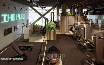 Moderne fitnessruimte voor huurders in het kantoorpand op Jacob Bontiusplaats 9, Amsterdam Oost, voorzien van fitnessapparatuur en een ruime indeling.