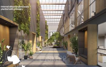 Moderne kantoorgang op Jacob Bontiusplaats 9, Amsterdam Oost, met veel groen, zitplaatsen en rustige werkplekken. Voor kantoorpand huren in een inspirerende omgeving.