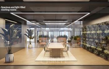 Verlichte vergaderruimte met moderne houten tafel, comfortabele stoelen en planten, Jacob Bontiusplaats 9, Amsterdam Oost.