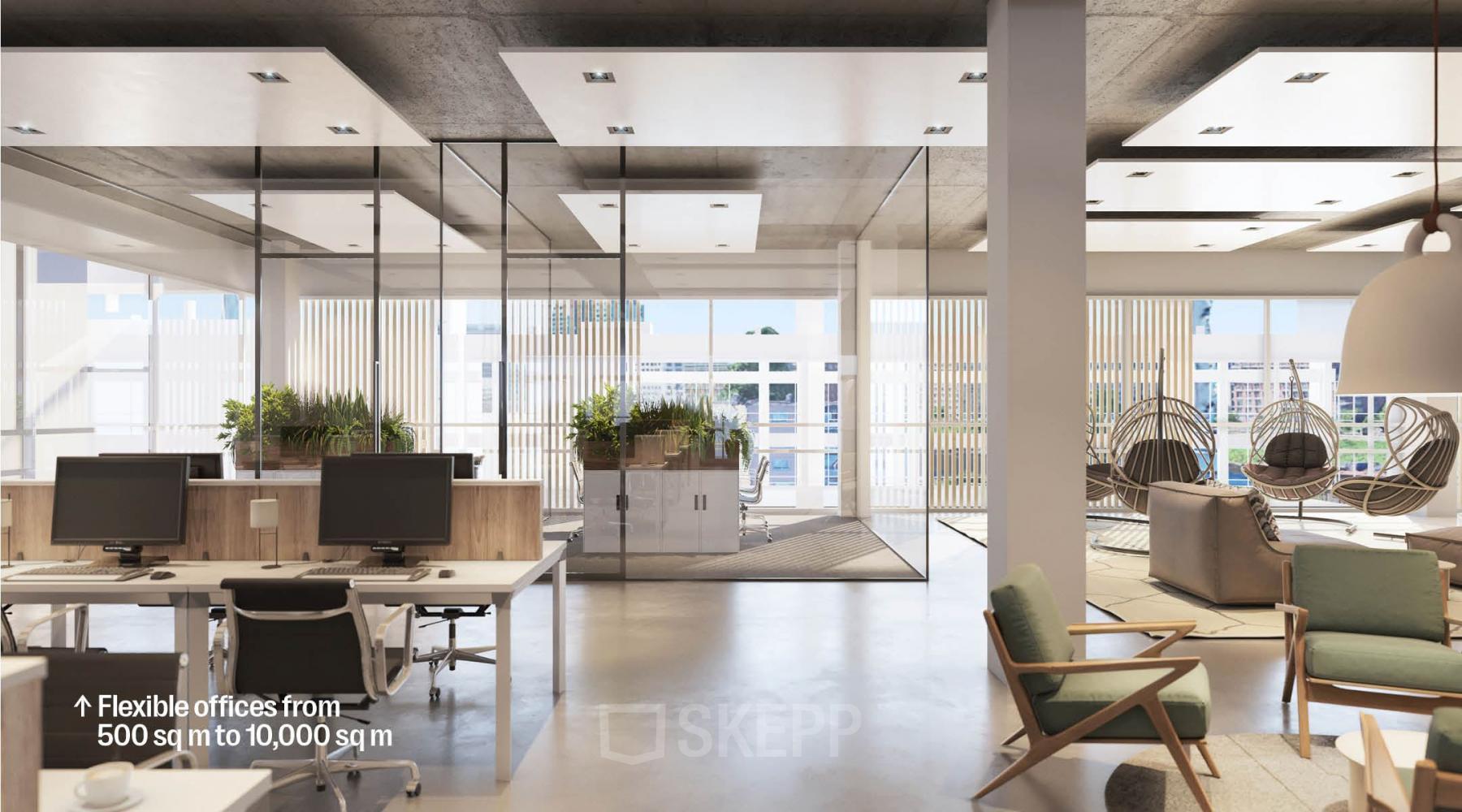 Moderne kantoorruimte huren op Jacob Bontiusplaats 9, Amsterdam Oost. Open werkplekken met glazen wanden en stijlvolle meubels, ideaal voor zakelijke activiteiten.