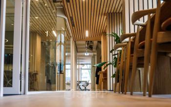 Moderne kantoorruimte huren bij Apollolaan 151 in Amsterdam Oud Zuid met houten interieur, glazen wanden en een groene plant, enkele bureaustoelen langs de wand en natuurlijk licht.