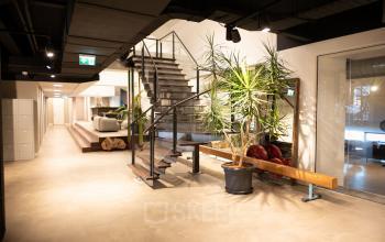 Interieur van een kantoorpand op Olympisch Stadion 24-28 in Amsterdam Oud Zuid, met een moderne trap, een grote plant en gezellige zitplekken in de gang.