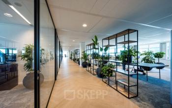 Moderne kantoorruimte huren op Thomas R. Malthusstraat 1-3, Amsterdam Riekerpolder, met glazen wanden, houten vloeren, planten en open werkplekken.