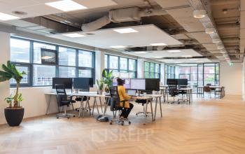 Moderne kantoorruimte huren in een licht en ruim interieur aan Teleportboulevard 120, Amsterdam Sloterdijk. Mensen werken geconcentreerd achter bureaus, omgeven door grote ramen en groene accenten. Ideaal voor productief samenwerken.