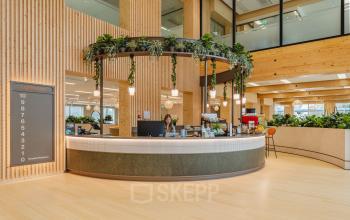 Moderne kantoorreceptie in Amsterdam Sloterdijk met groene planten en lichte houten elementen, gedecoreerd met een ontvangstbalie waar een personeelslid aan het werk is.