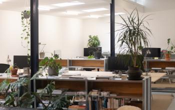 Kantoorruimte huren in Amsterdam West op Hondiusstraat 7H met een open indeling, gevuld met planten, boeken en bureaus. Geschikt voor creatieve teams en flexibele werkstijlen.