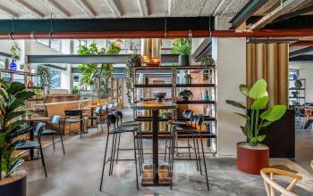 Stijlvolle kantoorruimte in Amsterdam West met een moderne inrichting, hoge plafonds, veel groene planten en diverse zitplekken. Geschikt voor huur als dynamische kantooromgeving met warme sfeer.