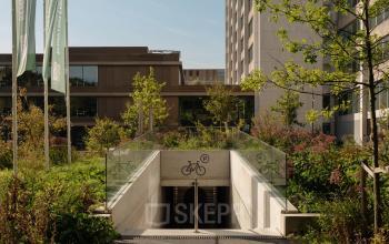 Ingang naar de ondergrondse fietsenstalling bij het kantoorpand op Nachtwachtlaan 20, Amsterdam West. Omgeven door groen en hoge gebouwen.
