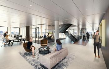 Moderne kantoorruimte in Amsterdam West met open werkplekken en loungegebied, waar mensen aan het werk zijn en gesprekken voeren. Veel glas en strakke lijnen definiëren het interieur van deze te huren ruimte.