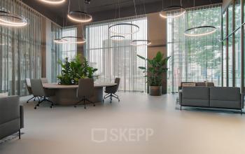 Moderne kantoorruimte in Amsterdam Zuid-Oost met grote ramen, ronde vergadertafel, stoelen en planten. Geschikt voor wie kantoorruimte wil huren op De Entree 201.
