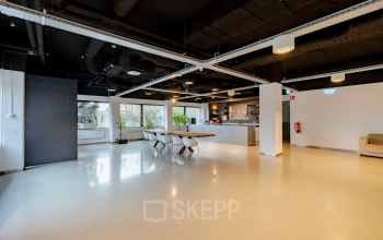 Ruime, lichte kantoorruimte op Luttenbergweg 8, Amsterdam Zuid-Oost met grote ramen, moderne meubels en een lange vergadertafel. Ideaal voor huur als open werkruimte.