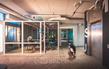 Moderne kantoorruimte op Luttenbergweg 8 in Amsterdam Zuid-Oost met glazen vergaderruimte en houten vloer; mensen in vergadering, hond loopt rond.