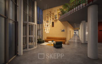 Moderne entree met zitgedeelte en opvallende verlichting, gelegen aan de Luttenbergweg 8 in Amsterdam Zuid-Oost. Geschikt voor kantoorruimte huren.