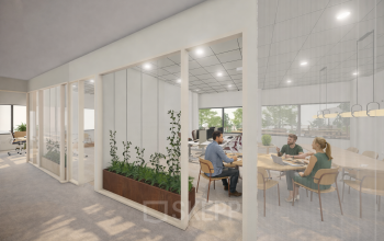 Moderne kantoorruimte in Amsterdam Zuid-Oost met open werkplekken en een glazen vergaderruimte. Meubilair en planten dragen bij aan de professionele uitstraling. Mensen zijn in overleg bezig met zakelijke activiteiten.