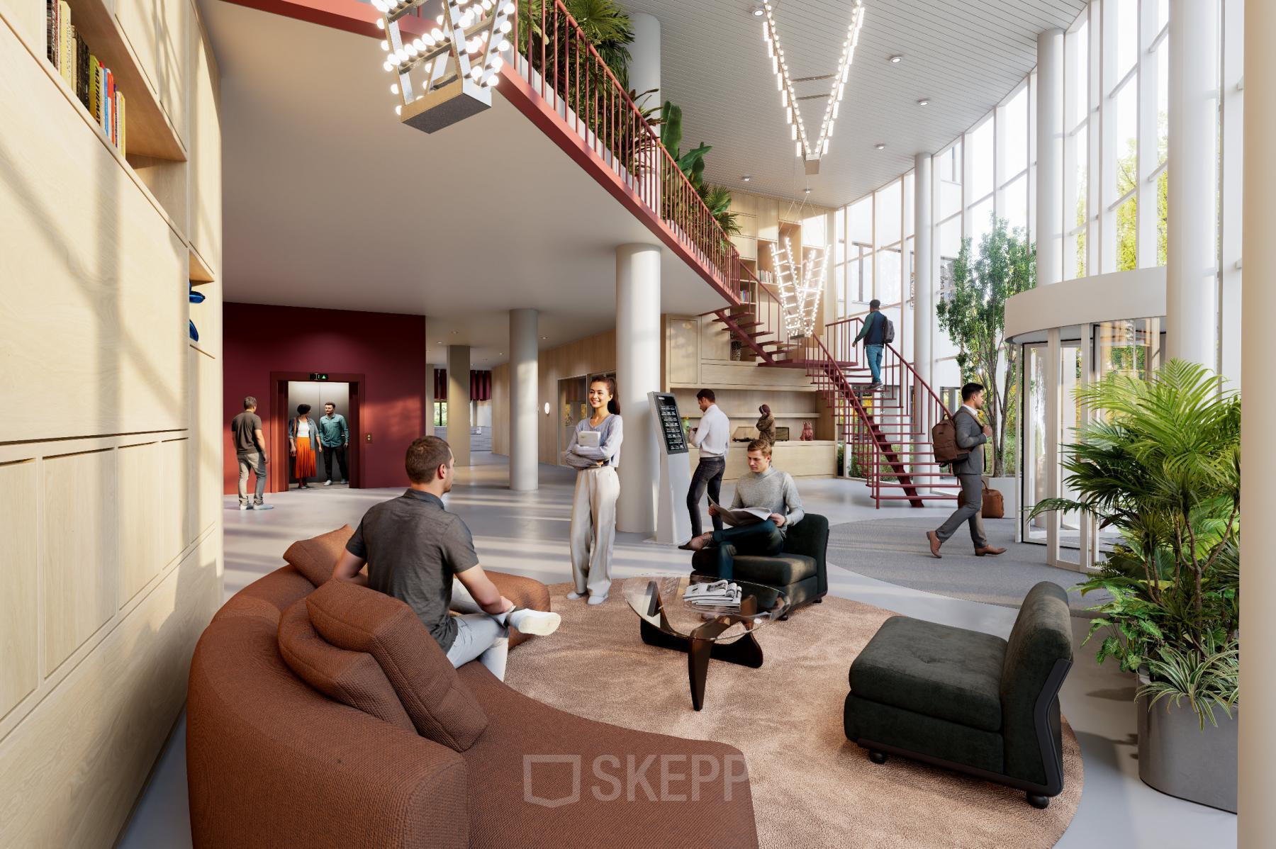 Lichte en moderne kantoorruimte op Luttenbergweg 8 in Amsterdam Zuid-Oost, met comfortabele zitplaatsen en mensen die zakelijke gesprekken voeren of de trap gebruiken.