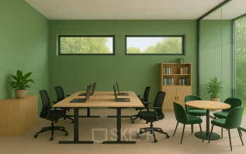 Ruime en lichte kantoorruimte aan de Johan Cruijff Boulevard 89 in Amsterdam Zuid-Oost met moderne bureaus en stoelen, groene accenten en grote ramen voor optimaal daglicht.