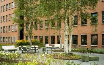 Buitenkantooromgeving met groene planten, tafels en stoelen bij Hullenbergweg 109-135, Amsterdam Zuid-Oost, ideaal voor kantoorruimte huren.