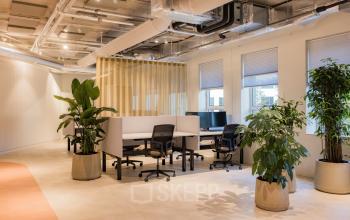 Moderne kantoorruimte met groene planten in Amsterdam Zuid-Oost, beschikbaar voor huur. De ruimte heeft bureaus met stoelen en is ideaal voor zakelijke activiteiten.