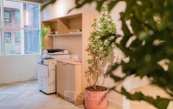 Licht kantoorinterieur met printer, houten kast en groene plant op Hullenbergweg 109-135 in Amsterdam Zuid-Oost; ideaal voor kantoorruimte huren.