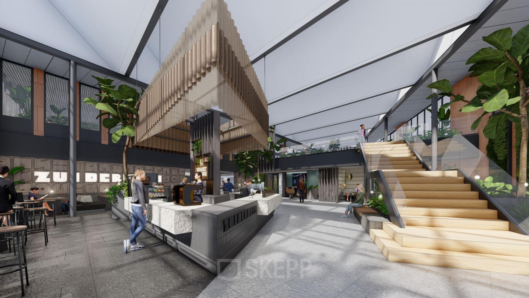 Moderne kantoorruimte huren in Amsterdam Zuidas op Jachthavenweg 109-A met centrale open ruimte, koffiestand, zitplaatsen, en trappen.