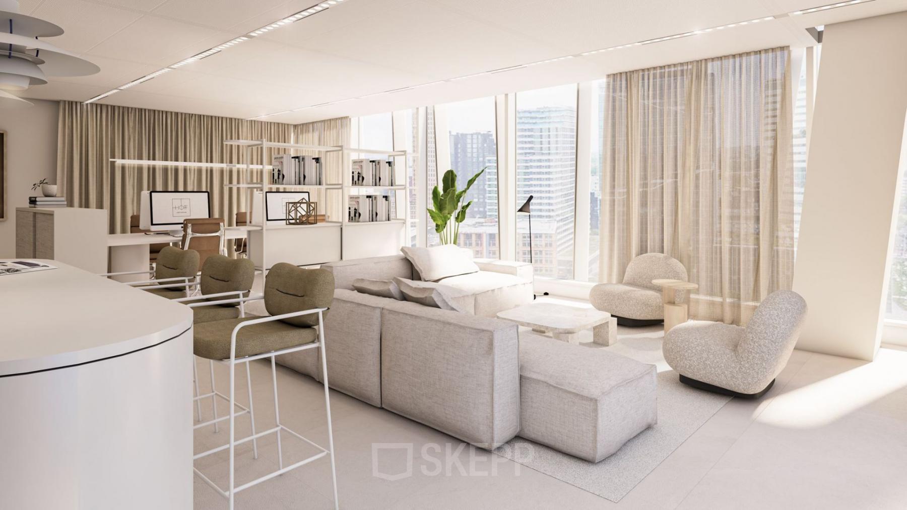 Modern ingerichte kantoorruimte op Strawinskylaan 257, Amsterdam Zuidas met comfortabele zithoek en veel natuurlijk licht.