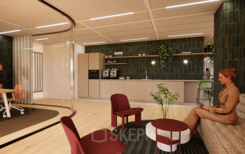 Modern kantoorpand op Beethovenstraat 503, Amsterdam Zuidas met een open werkruimte en medewerkers in gesprek. Geschikt voor wie kantoorruimte huren wil in een stijlvolle omgeving op een centrale locatie.