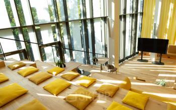 Moderne werkruimte met gele kussens op houten zitplaatsen en grote ramen bij Fred. Roeskestraat 115, Amsterdam Zuidas, ideaal voor kantoorruimte huren.