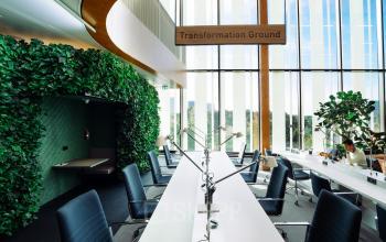 Moderne kantoorruimte huren in Amsterdam Zuidas met ruime, lichte werkplekken en veel groen. Persoon aan het werk aan een stijlvolle bureau-opstelling met grote ramen voor natuurlijk licht.