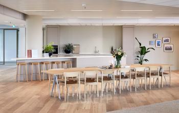 Moderne kantoorruimte in Amsterdam Zuidas met een lange tafel en stoelen, ingericht voor vergaderingen en samenwerking, inclusief planten en decoratie. Ideale ruimte om kantoorruimte te huren.