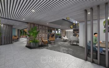Zakelijke omgeving in een modern kantoorpand op de Zuidas, Amsterdam, met diverse werkplekken en enkele personen bezig met vergaderingen en overleg. Veel groen en moderne inrichting.