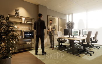 Moderne kantoorruimte huren aan de Claude Debussylaan 80-134 in Amsterdam Zuidas, met stijlvolle inrichting en collega’s in gesprek.