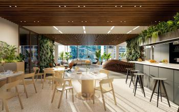 Moderne kantoorruimte in Amsterdam Zuidas met veel licht, groene planten en stijlvolle meubels. Ideaal voor het huren van kantoorruimte op Claude Debussylaan.